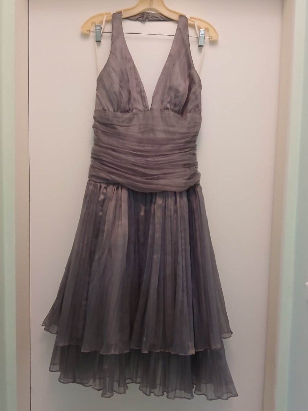 Vintage Y2K Bari Jay MadeinUSA Gunmetal Silver Midi Halter Cocktail Dress Sz10